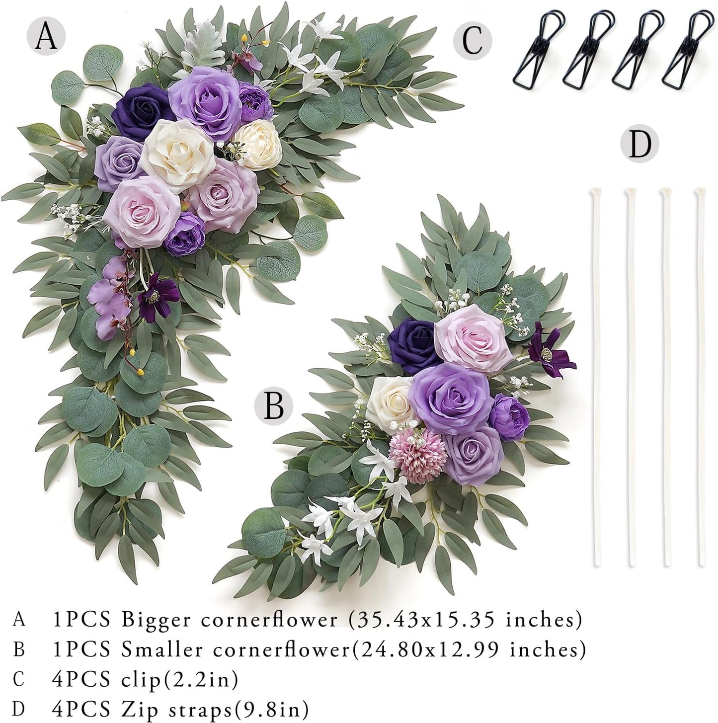 Faux Flower Swag Set of 2 for Wedding Welcome Signs Floral Decorations, Purple Wedding Arch Flowers for Wedding Ceremony (Lilac & Purple & Cream)