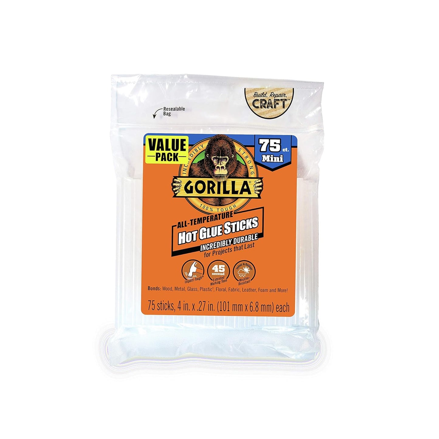 Gorilla Hot Glue Sticks, Clear Glue, Mini Size 4" Long x 0.27" Diameter, 75 Count (Pack of 6) - Safe for All Temperatures with Extended Working Time