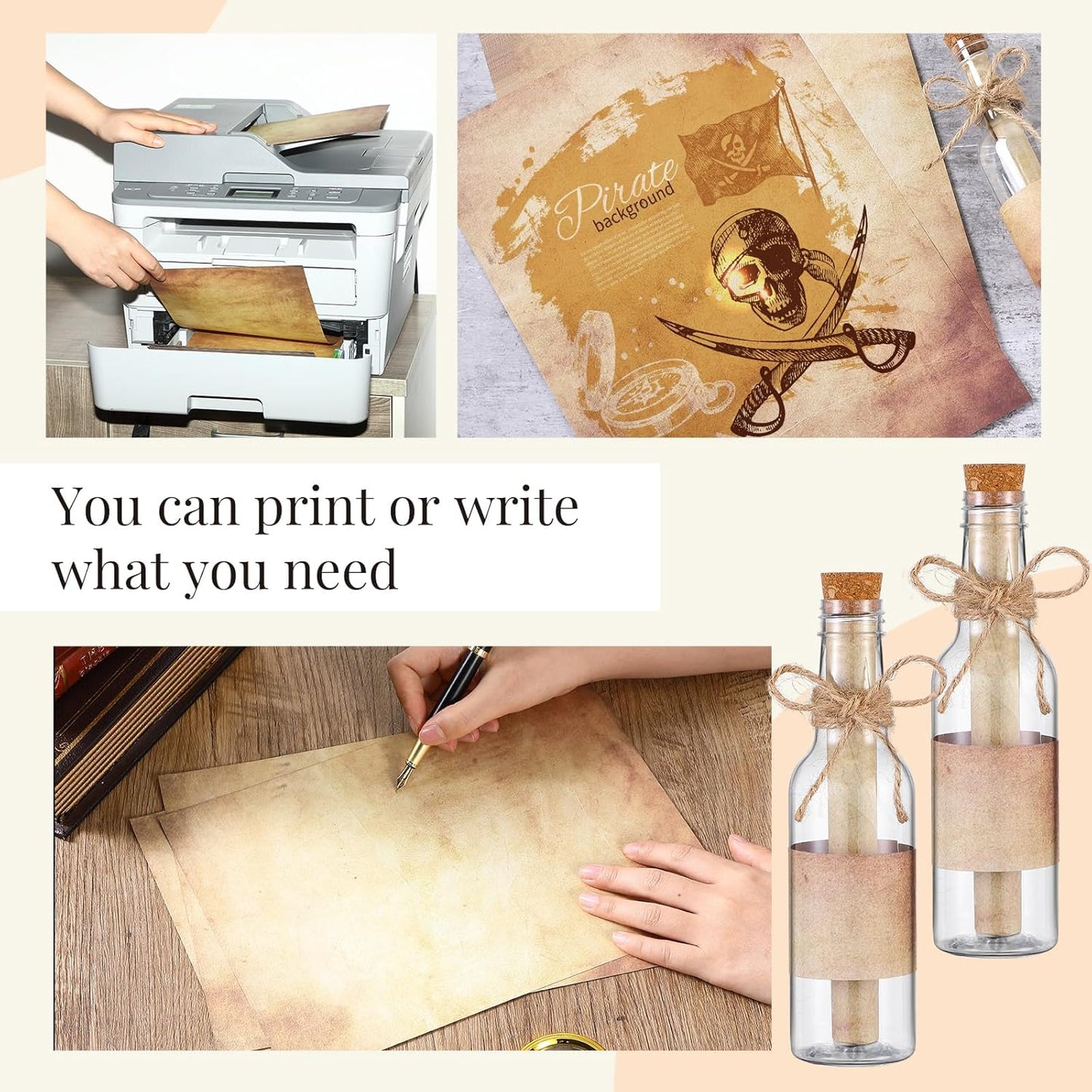 Baderke 48 Pcs 5.6 oz Message Bottles with Letter Printer Paper Plastic Bottles & Corks Twines for Message Invitations Birthday Wedding Baby Shower DIY Crafts Gift Party Favors (Vintage)