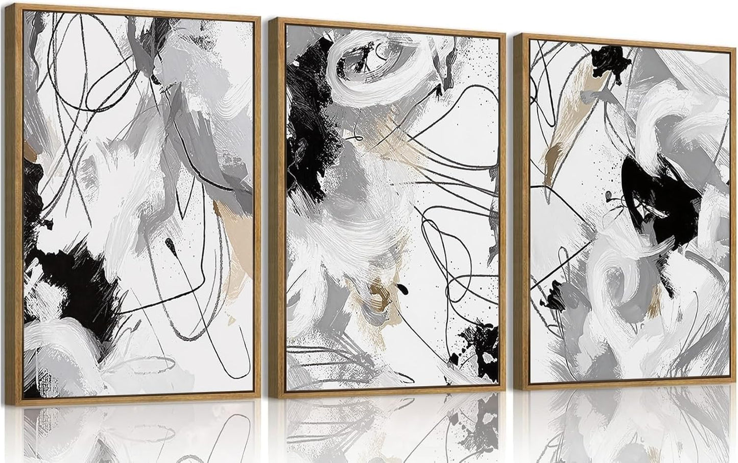 myusuar 3 Piece Large Modern Abstract Canvas Framed Wall Art For Living Room, Black And White Lines Minimalist Wall Art Decor Posters Prints For Bedroom Office, 16x24in