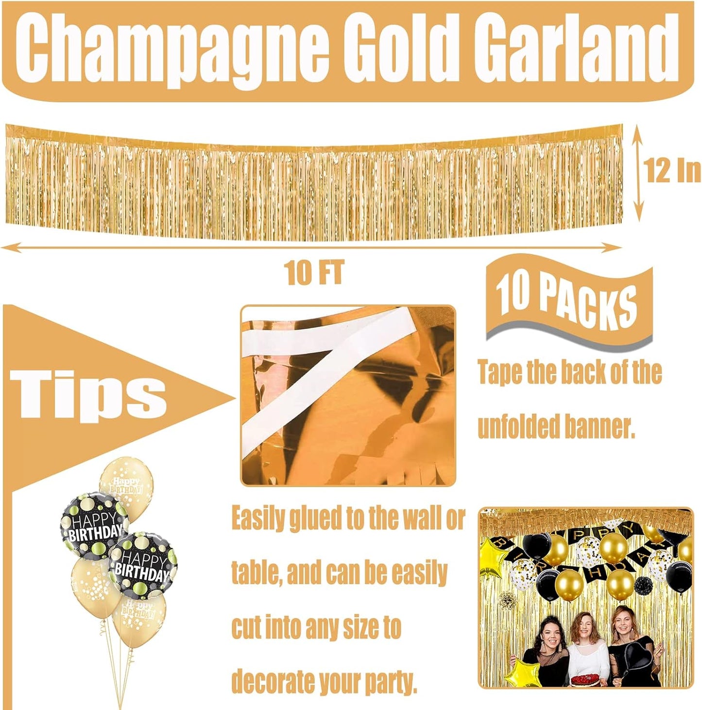 10 Pack 10 Feet Foil Fringe Garland Metallic Tinsel Streamers Banner Wall Hanging Curtain Backdrop for Parade Floats, Wedding, Disco, Birthday, Halloween, Christmas Party Decorations(Champagne Gold)