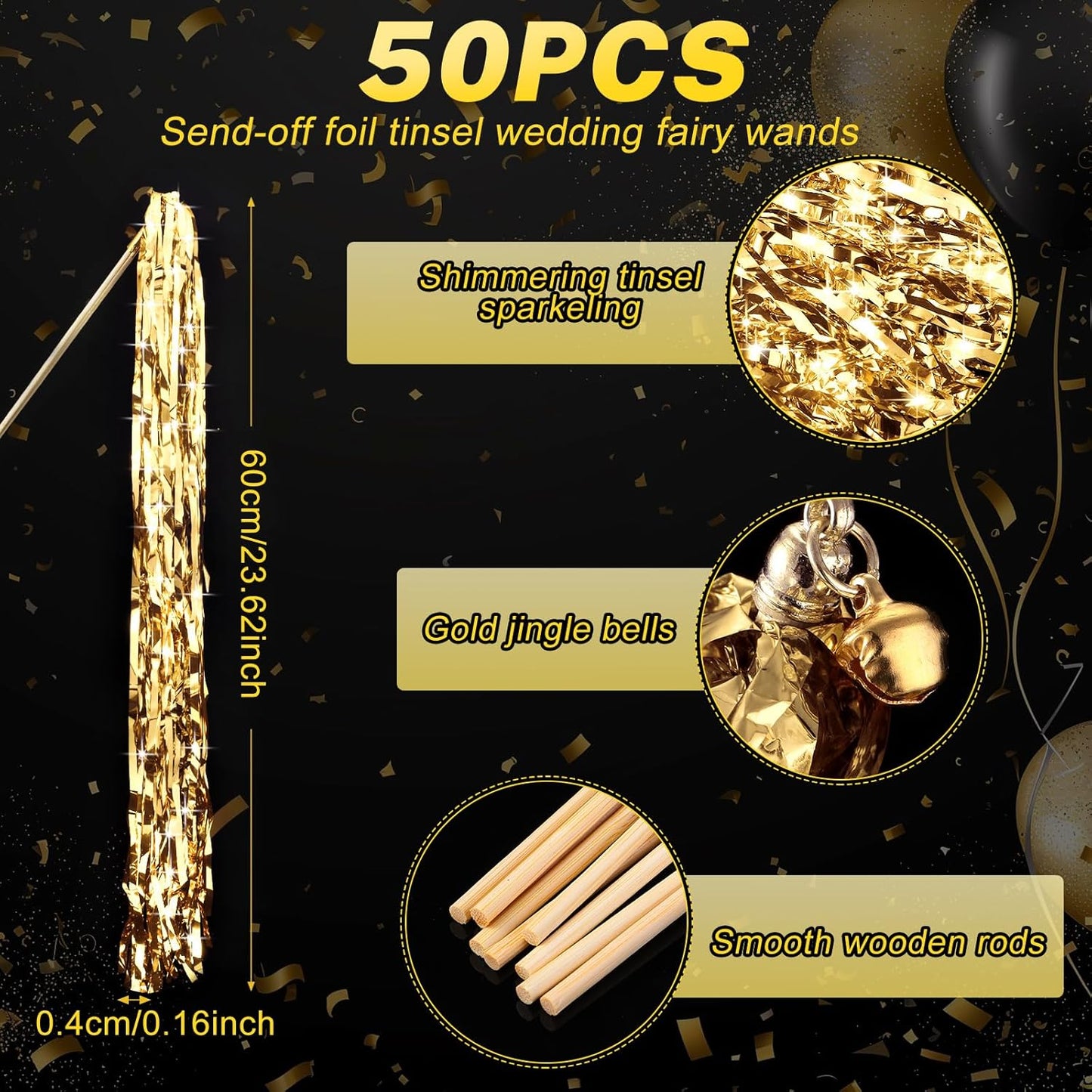 50 Pcs Wedding Fairy Wands with Bells Foil Tinsel Ribbon Stick Wands Tinsel Party Streamers with Bell Glittery Bridal Wedding Send Off Ideas Holiday Celebration (Champagne Gold)