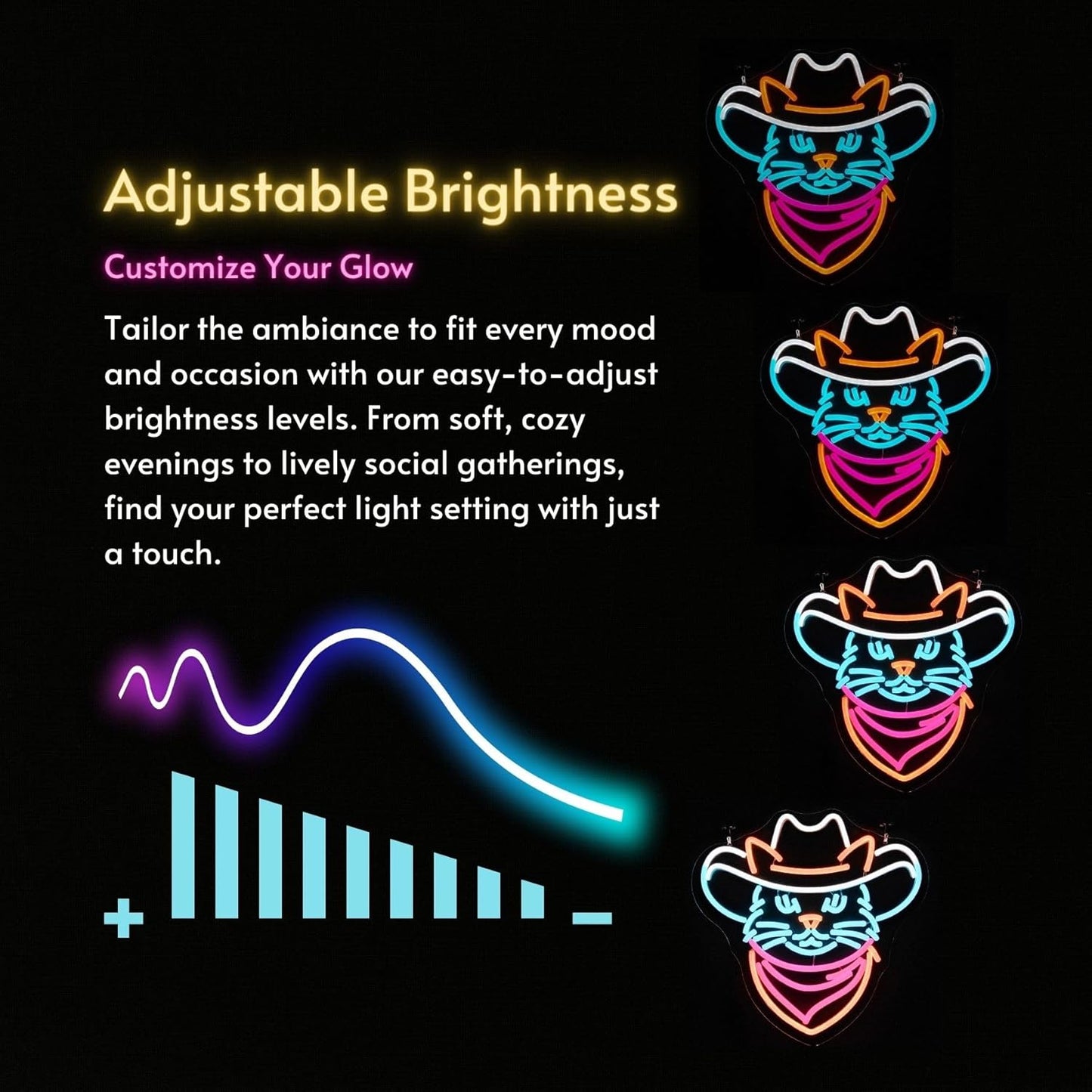 Cowboy Cat Neon Sign - Adjustable Dimmable LED Neon Light, 13.8"x13.7", Premium Quality, Vibrant Home Decor