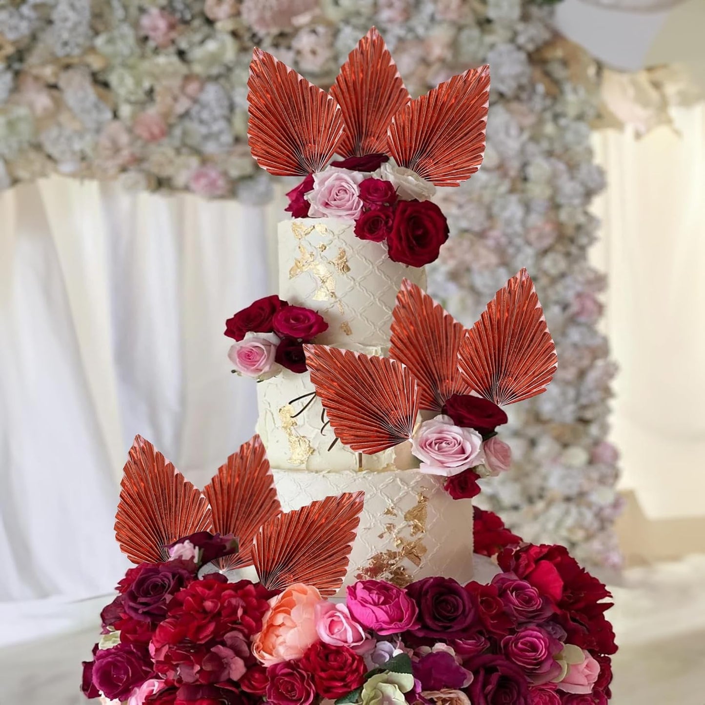 Ephlyn 6Pcs Paper Palm Leaves Fan Cake Toppers Palm Leaf Fan Cake Picks Craft DIY Fan Palm Spear Leaves Cake Decorations for Wedding Birthday Party Supplies Bright Rose Gold