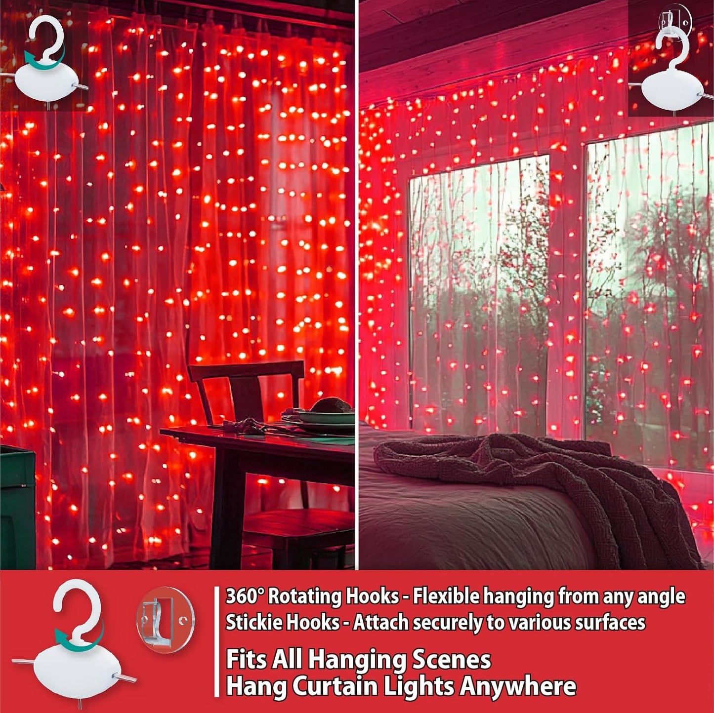 HXWEIYE 300LED Fairy Curtain Lights, 9.8x9.8Ft USB Plug-in 8 Modes Christmas String Hanging Lights with Remote for Bedroom Backdrop Wedding Party Indoor Wall Decor, Red