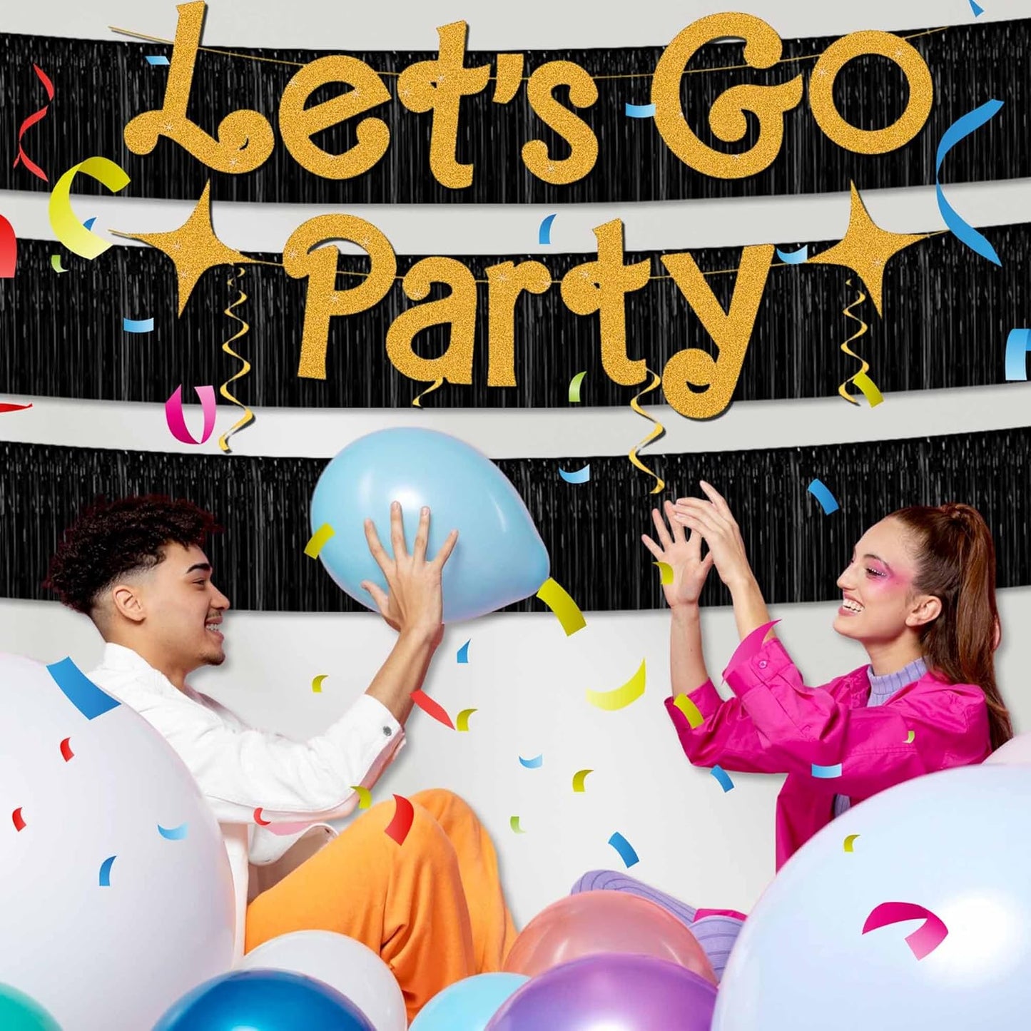 6 Pack 10 Ft Black Foil Fringe Garland Metallic Streamers Tinsel Banner Wall Hanging Garland Backdrop for Parade Floats, Halloween, Christmas, Thanksgiving, New Year Party Decorations