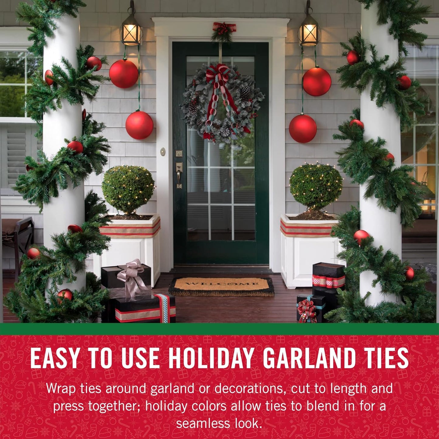 VELCRO Brand Holiday Garland Ties or Cable Straps | Hang Garlands, Lights or Wreath | for Banister, Railings, Stairs or Lamp Posts | 30ft Roll Cut to Custom Length | Red