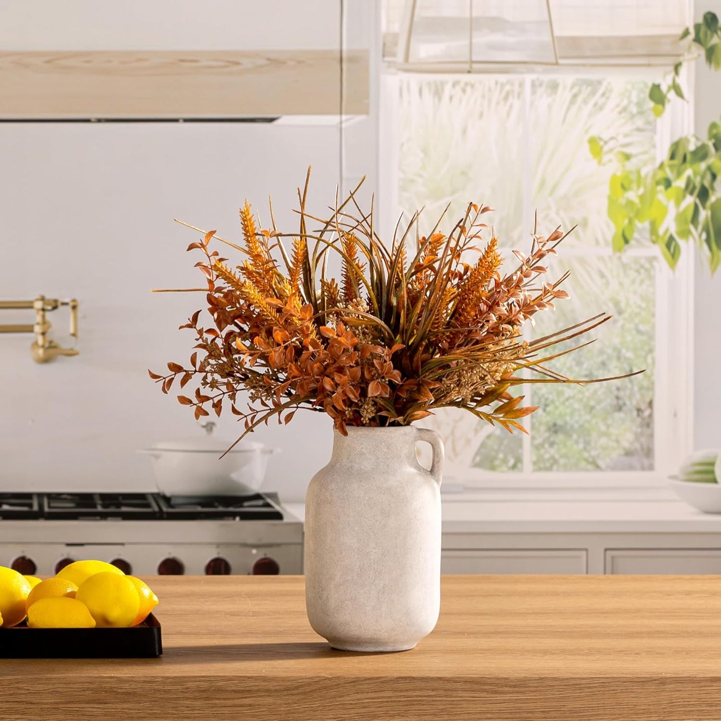 Ceramic Flower Vase Home Decor - 9.7 inch Large White Rustic Table Flowers Vases Living Room Bedroom Plant Decoration Farmhouse Vintage for Kitchen Shelf Office Coffee Dining Desk House Women