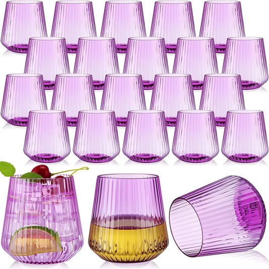Suclain 50 Pcs Plastic Wine Glasses Ribbed Stemless Wine Glasses 14oz Vertical Design Unbreakable Cups for Outdoor Indoor Vintage Elegant Champagne Whiskey Cups for Party Wedding (Purple)