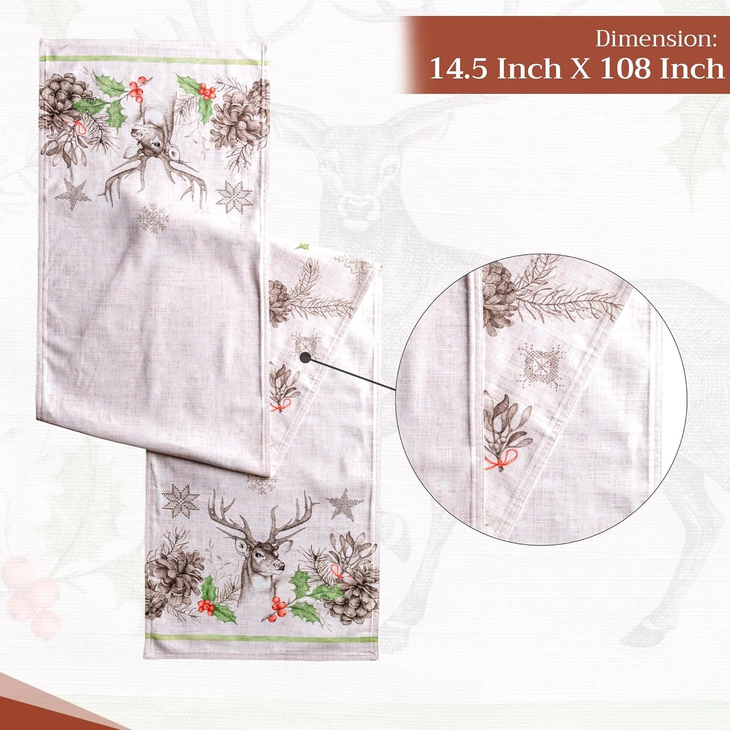 Maison d' Hermine Table Runner 100% Cotton Double Layer Table Runners 108 inches Long for Thanksgiving Christmas Decorations Home Kitchen Dining Party Wedding (Christmas Dew, 14.5" x 108")