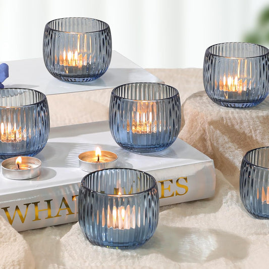 Set of 6 Ribbed Glass Votive Candle Holders, Blue Glass Tealight Holders for Taper Candles - Elegant Table Centerpieces for Weddings, Christmas, Parties, and Home Decor