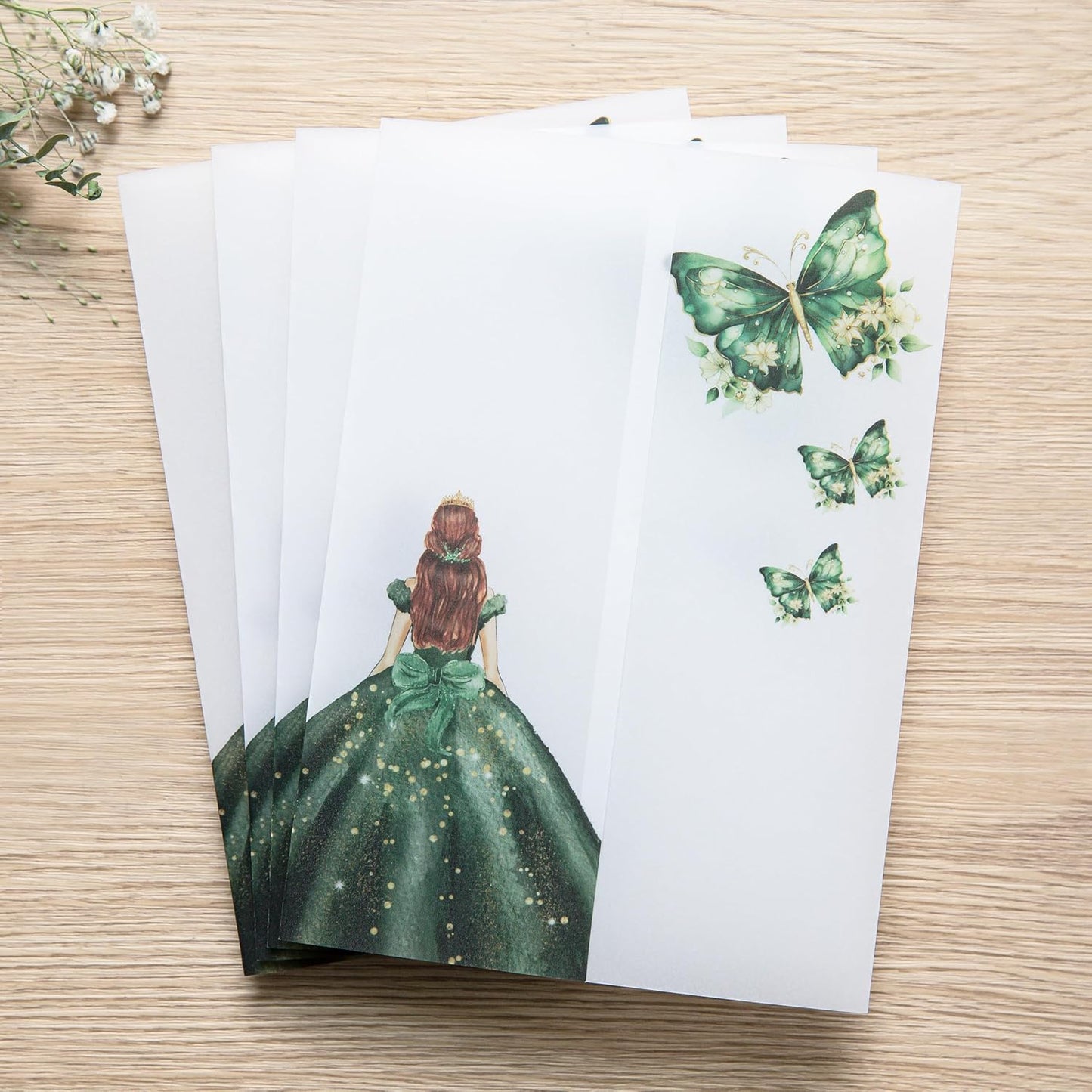PONATIA 50 PCS Vellum Jackets for 5x7 Invitations - Vellum Paper 5x7 Jackets - 135GSM Emeral Green Girl - Butterfly Quinceanera Invitations Wraps (Emerald Green Girl)
