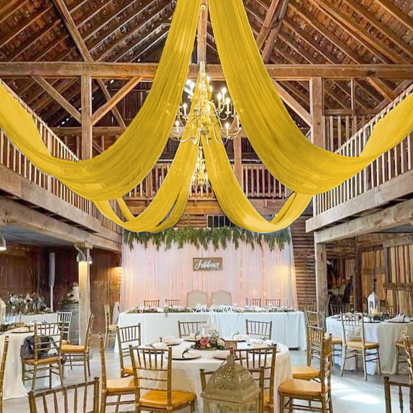 MODFUNS Gold Ceiling Draping Fabric Sheer Ceiling Drapes for Weddings 5x20ft 6 Panels Chiffon Arch Drapery Tent Ceiling Drape Vintage Tulle Curtain Backdrop for Ceremony Party Event Supplies