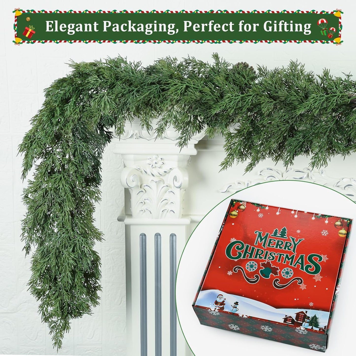 6ft Christmas Cedar Garland, Real Touch Pine Garland, Realistic Cypress Garlands Christmas Decorations for Mantel, Table, Stairs, Porch - Indoor Outdoor Xmas Holiday Decor