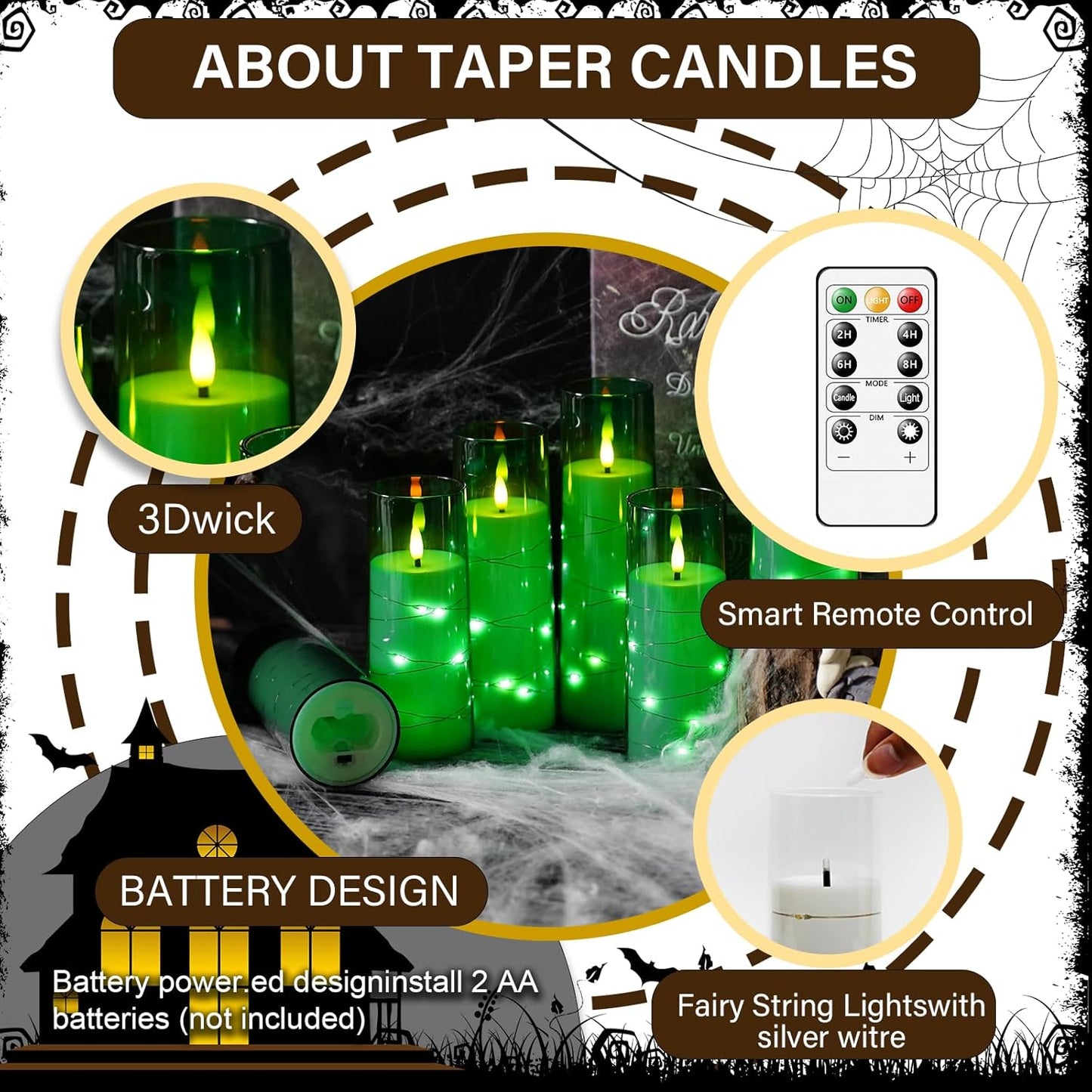 Flameless LED Candles with Timer 9 Pc Flickering Flameless Candles for Romantic Ambiance and Home Decoration Stable Acrylic Shell,with Embedded Star String，Battery Operated Candles（Green）
