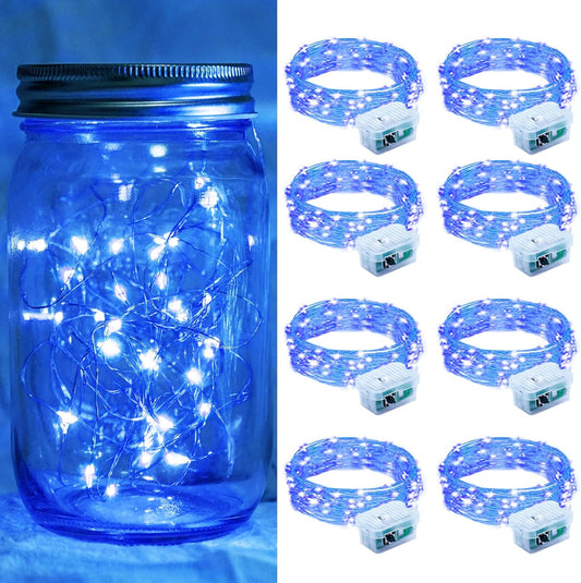8 Pack Blue Fairy Lights 7Ft 20 LED Twinkle String Lights 3 Modes Battery Operated Waterproof Firefly Starry for Mason Jar Party Wedding Christmas Valentines Day Table Centerpieces