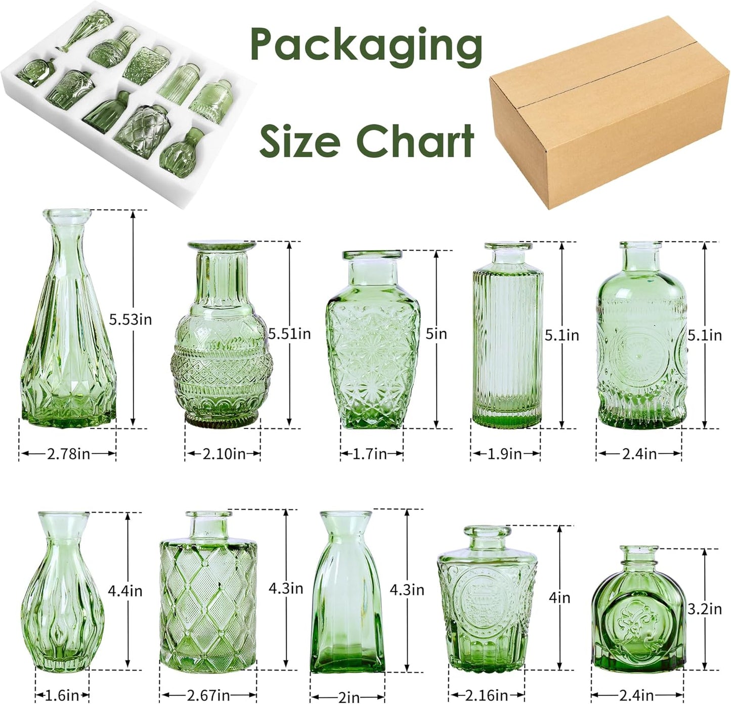 Vintage Small Glass Vases Set of 10,Mini Bud Vases for Flowers,Amber Glass Vases for Centerpieces,Wedding Decorations,Home Table Flower Decor (Hunt Green)