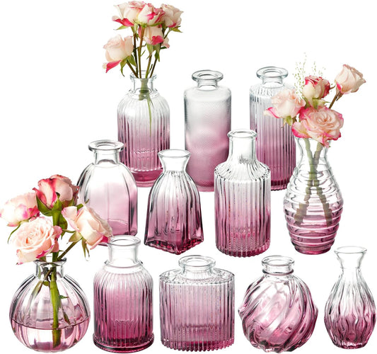 Bud Vases Set of 12, Small Purple Vase Glass Vases for Flowers Vintage Ribbed Colored Wedding Flower Vase for Decor in Bulk Decor Bridal Shower Centerpieces Home Table Decoration