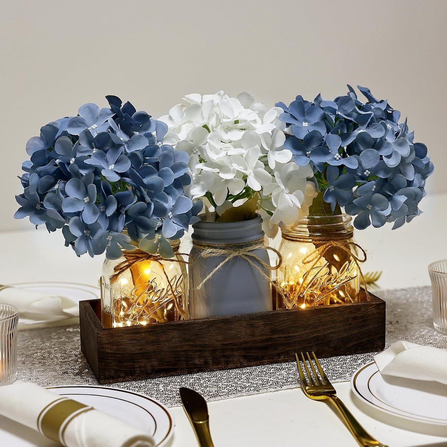 Mason Jar Lights Centerpiece Table Decor for Dining Room Farmhouse Coffee Table Decor with Wood Tray Fairy Lights Fake Hydrangea Flowers for Kitchen Living Dining Room - Blue White