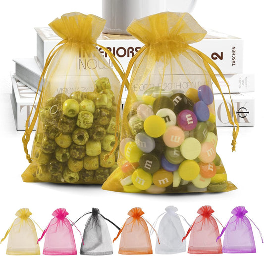 ANZNKU 100 Pack Organza Bags, 4 x 6 inch Small Premium Golden Favor Bags with Drawstring, Sheer Jewelry Mesh Bag, Mesh Gift Bag for Wedding Party Christmas