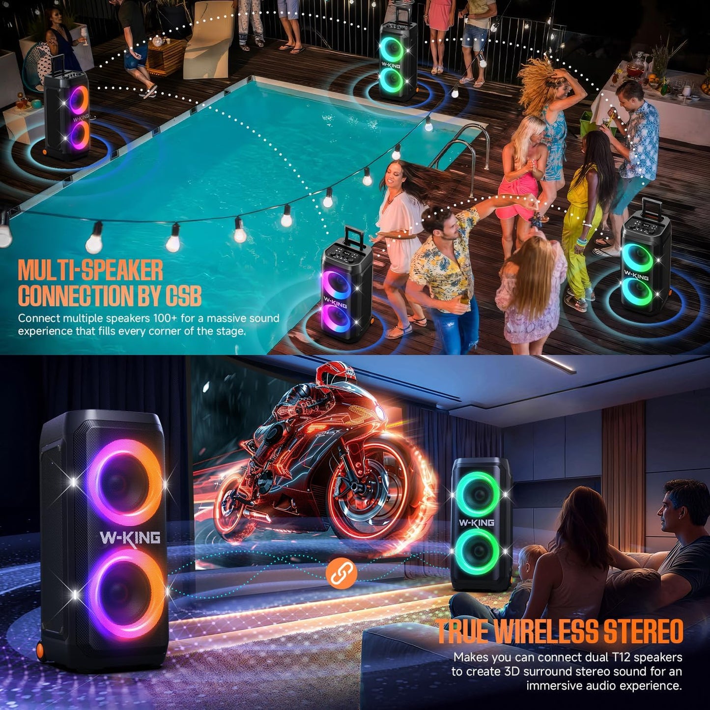W-KING Portable Speaker Bluetooth Partybox Loud, 370W MAX Pro Sound, Deepest Bass,Large Outdoor Boom Box Wireless,Telescopic Handle&Sturdy Wheels, 25H, Futuristic Light,CSB,MIC&Guitar in,Fast Charge