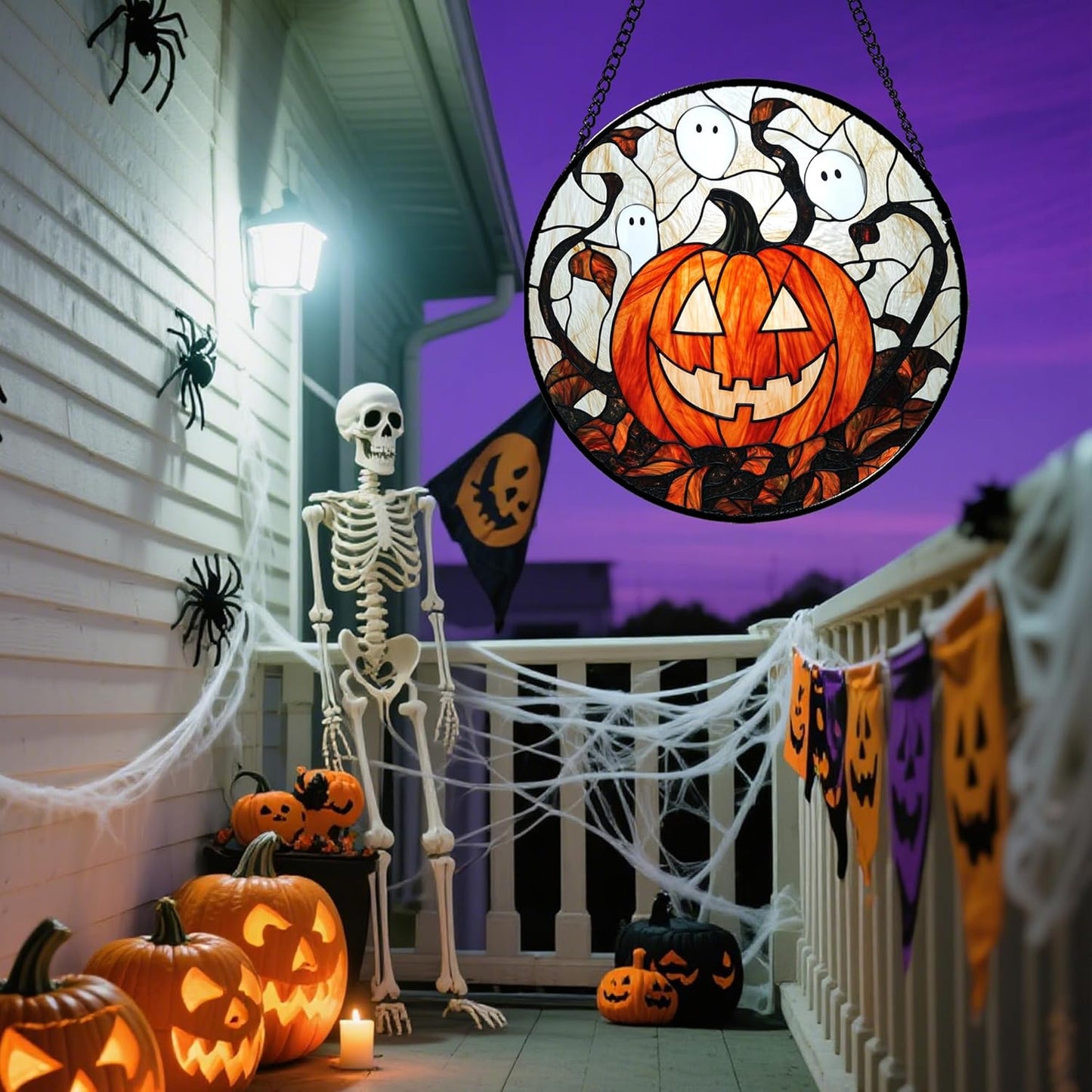 Stained Glass Window Hanging - Halloween Decorations Pumpkin Ghost Suncatcher for Doors Garden Indoor Spooky Funny Orange Sun Catchers Gothic Decor Horror Gifts for Women Men Friend 15 in