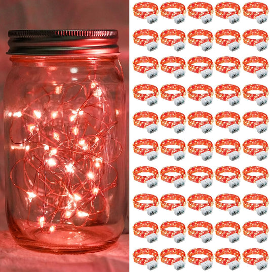 50 Pack Red Fairy Lights 7Ft 20 LED Twinkle String Lights 3 Modes Battery Operated Waterproof Firefly Starry for Mason Jar Party Wedding Christmas Valentines Day Table Centerpieces