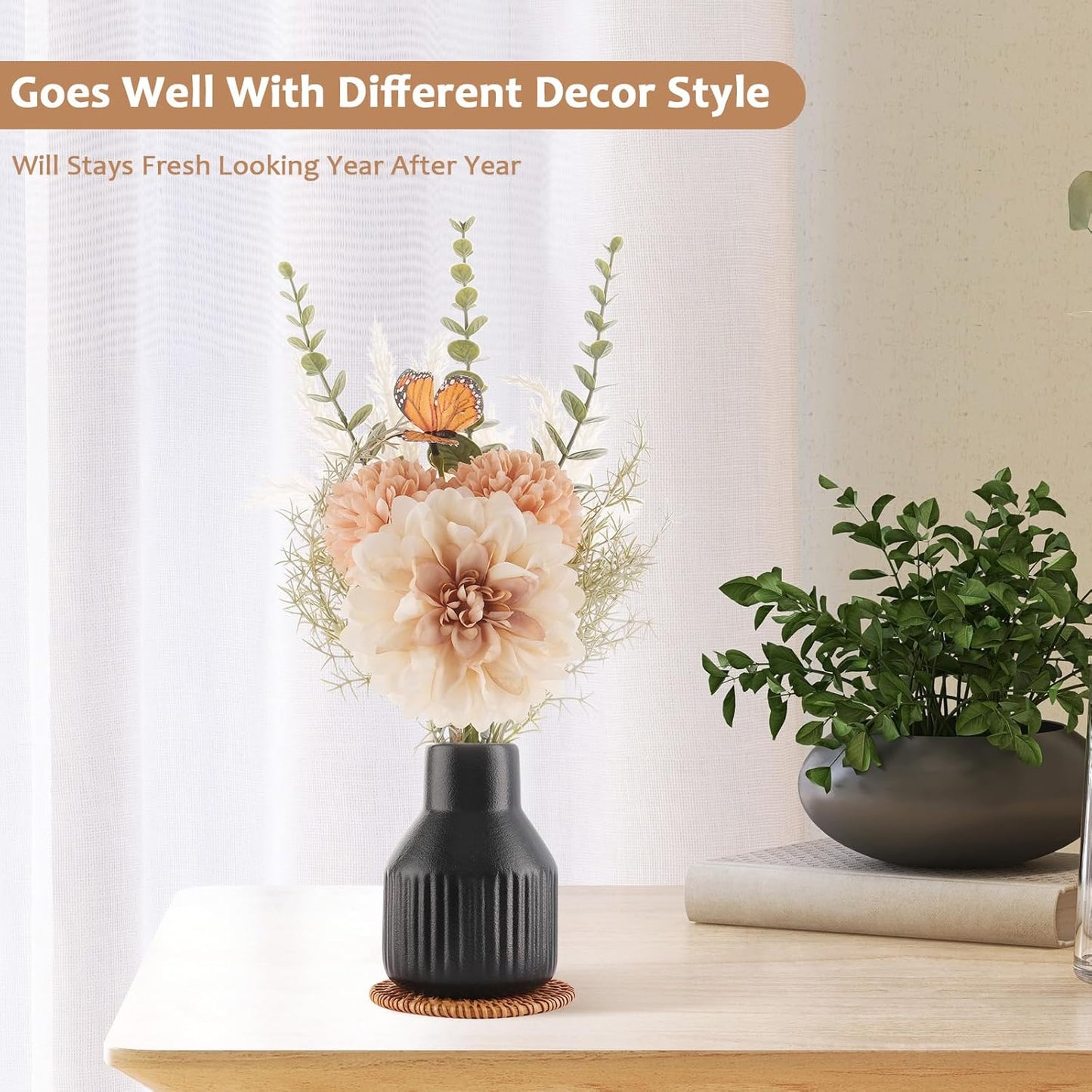 Small Fake Flowers in Vase 14" Centerpiece Table Decorations Silk Flowers Arrangements Ceramic Vase Dahlia Chrysanthemum Artificial Flowers Bouquet for Bathroom Dining Room Kitchen Wedding (Black)