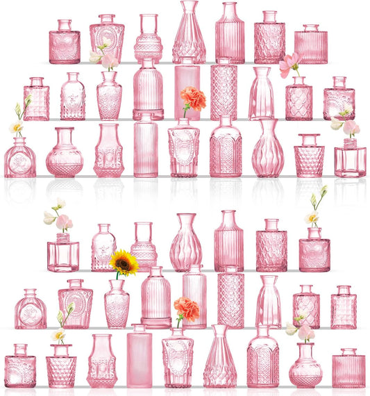 Bud Vases in Bulk 50, Glass Vases for Centerpieces, Small Vases for Flowers, Small Flower Vase for Centerpieces, Mini Vintage Vase, Pink Bud Vases for Wedding Table Decor