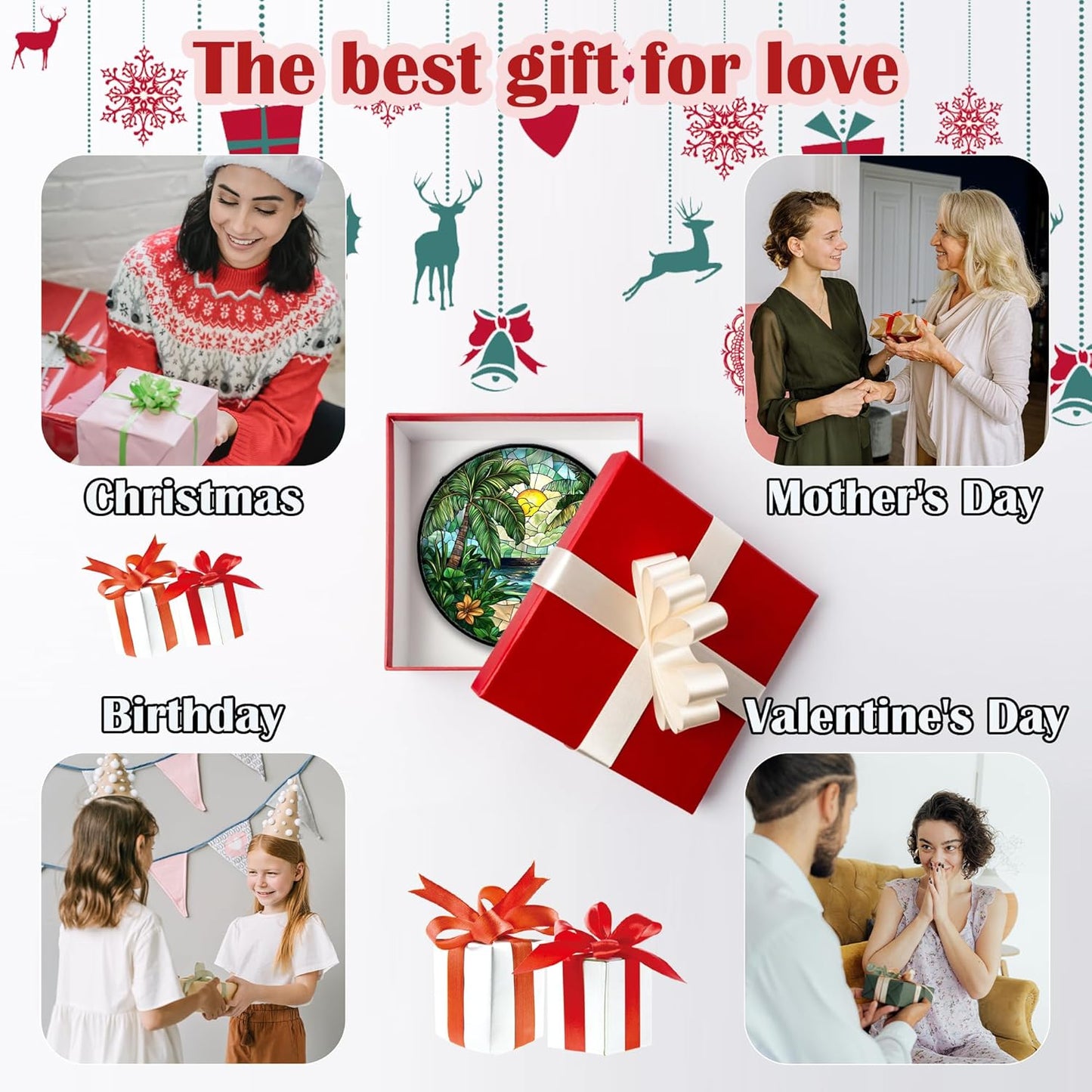 Stained Glass Window Hanging, Green Beach Scenery Suncatcher Diamond Glass Panel Hangings Sun Catchers Decor for Birthday for Women, Men, Wife, Aunt, and Mom 11.8x11.8 in