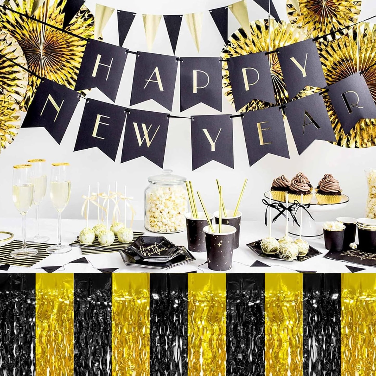 4P Wavy Metallic Tinsel Foil Fringe Table Skirts for Rectangle Tables Backdrop Garland Curtains for Parade Floats Wedding Birthday Parties Decoration Graduation 2025 Christmas (Black Gold)