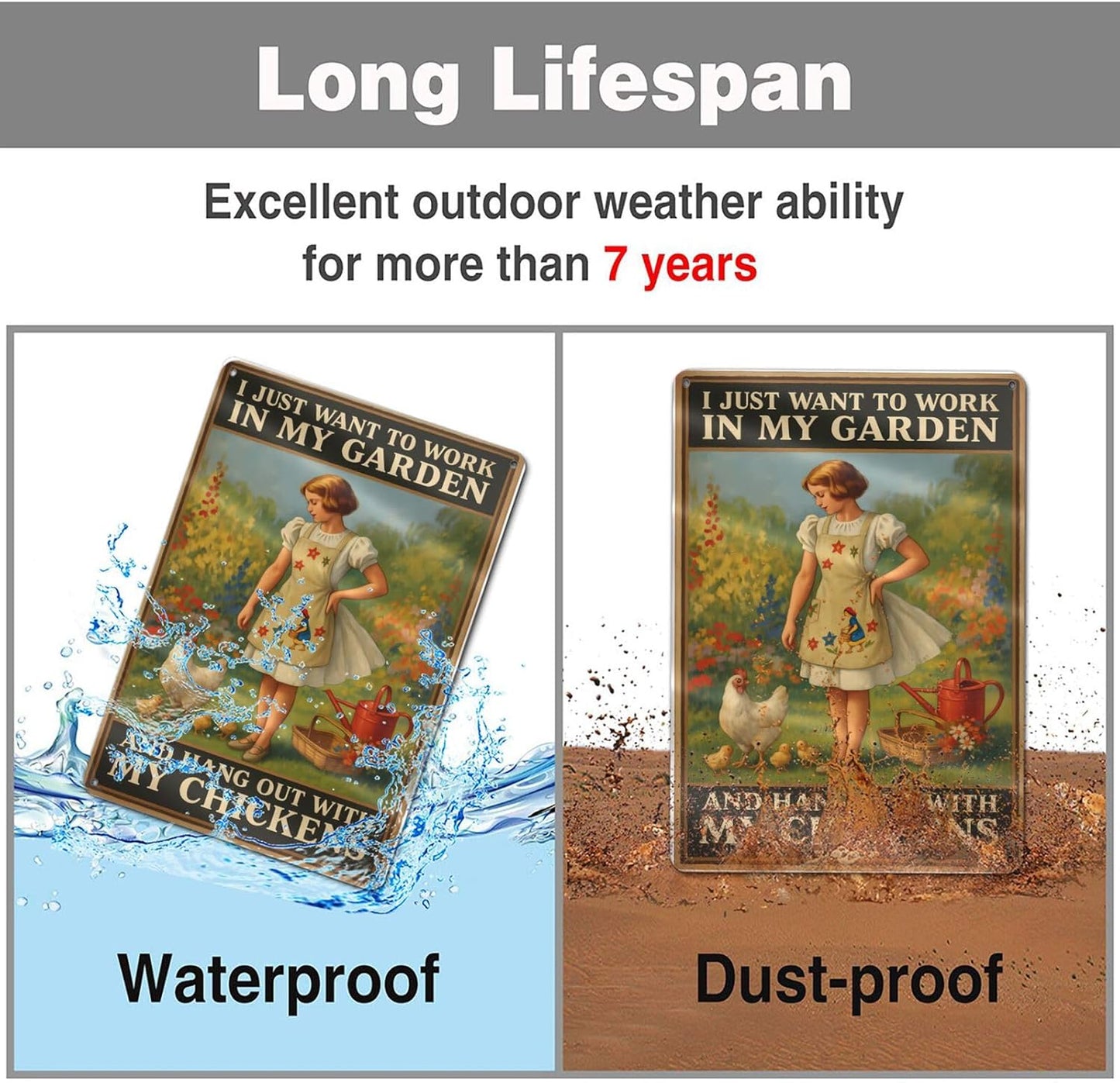 Funny Garden & Chicken Coop Sign - "I Just Want to Work in My Garden and Hang Out with My Chickens" Rustic Metal Wall Decor for Farmhouse, Backyard