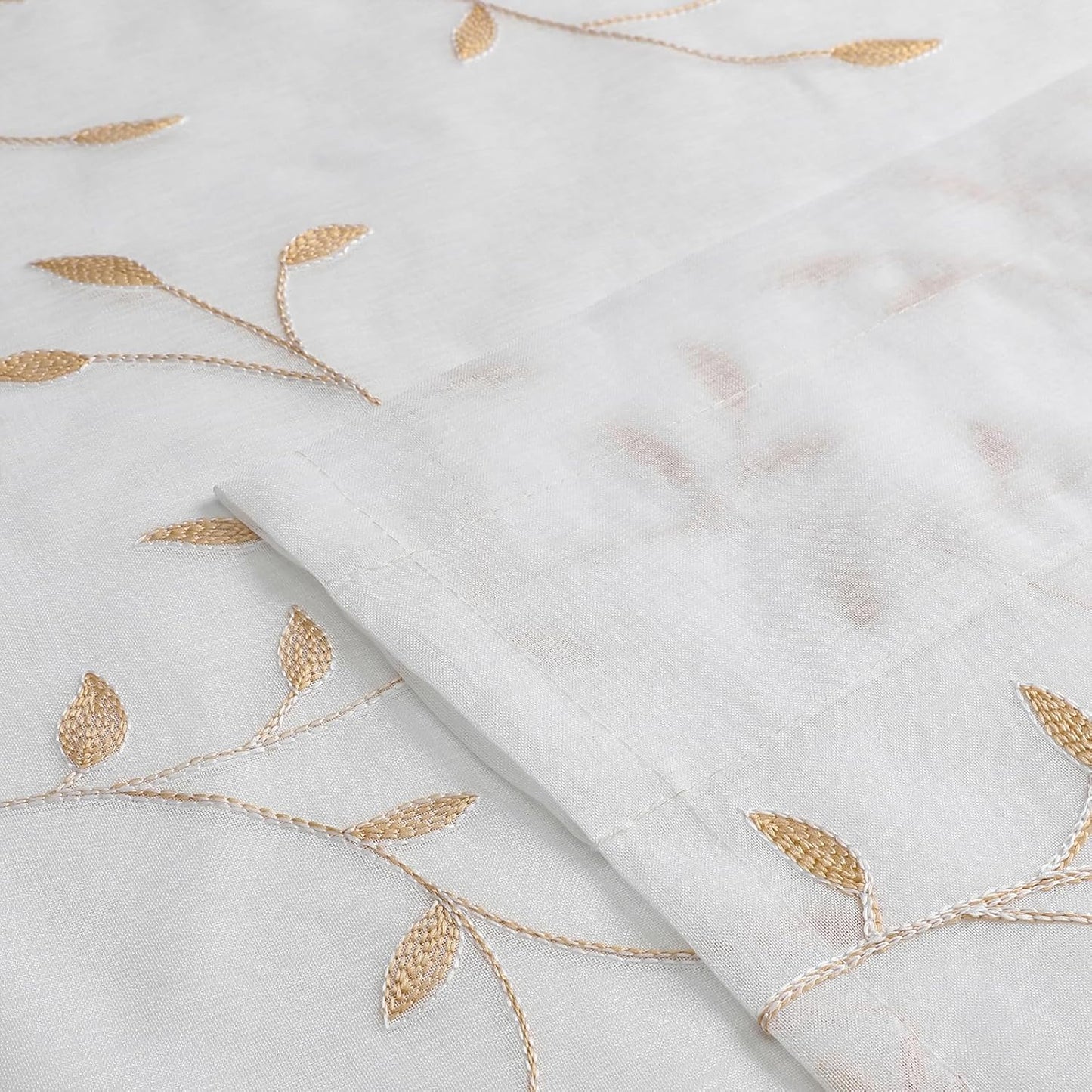 VISIONTEX White Sheer Voile Curtains, Decorative Orange Leaves Embroidery Faux Linen Rod Pocket Window Drapes for Home Kitchen, Living Room and Bedroom 54 x 84 Inch, Set of 2 Curtain Panels