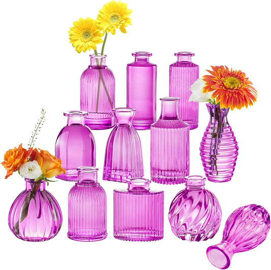 12PCS Hot Pink Vase for Flowers, Small Glass Bud Vases for Centerpieces Purple Flower Vase in Bulk for Home Office Decor