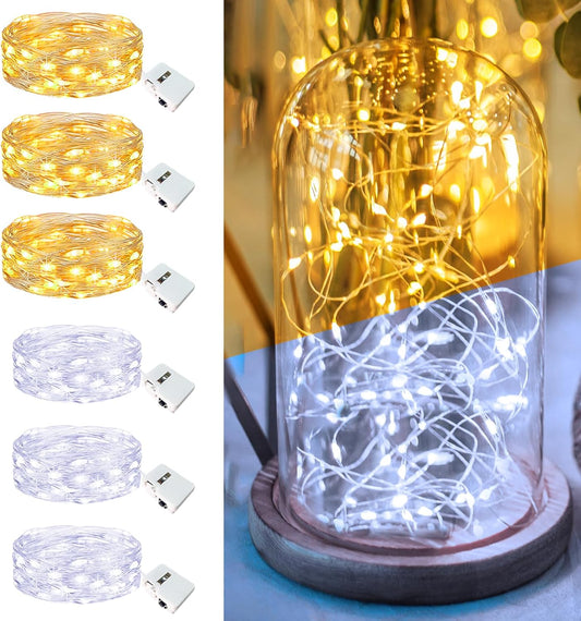 6 Pack Fairy Lights Battery Operated - 7ft 20 Led Twinkle Lights 3 Modes, Bulk Mini String Lights Waterproof for Mason Jars Vases DIY Party Wedding-Warm White & Cold White