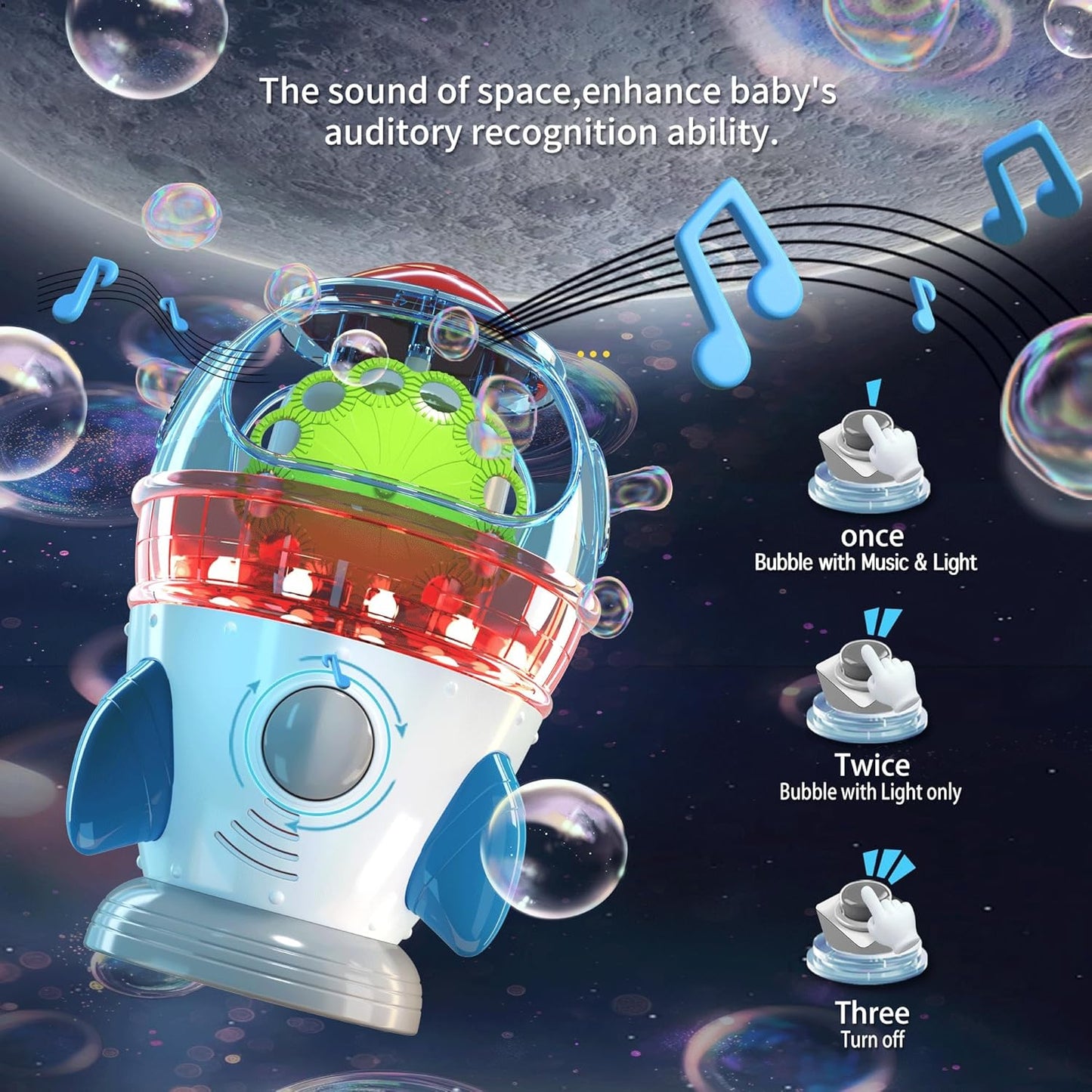 Rocket-Shaped Bubble Machine for Kids & Pets - Dual Powerful Bubble Outlets, Automatic 360° Rotation, Adjustable LED Lights & Music – Ideal for Indoor/Outdoor Birthday Parties