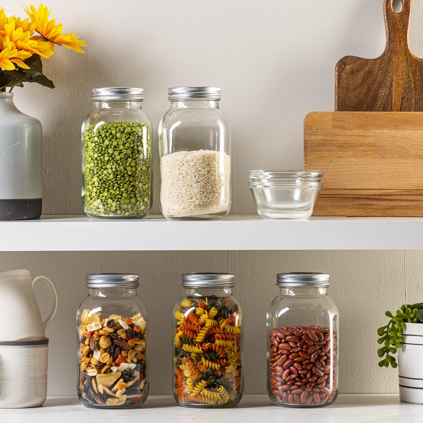 [6 Pack] 32 oz. Regular-Mouth Glass Mason Jars - with Metal Airtight Lids and Bands 1 quart Large for Canning, Preserving, & Meal Prep