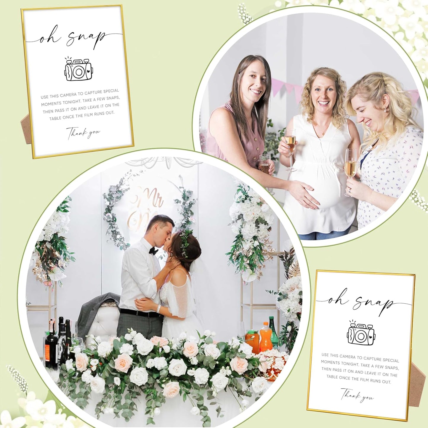 Oh Snap Sign, Wedding Disposable Camera Sign, Engagement Party Desk Decor for Guest book Alternative, Bridal Shower and Wedding Reception, Wedding Party Favors, Gold Frame Wedding Signs with Stand,6
