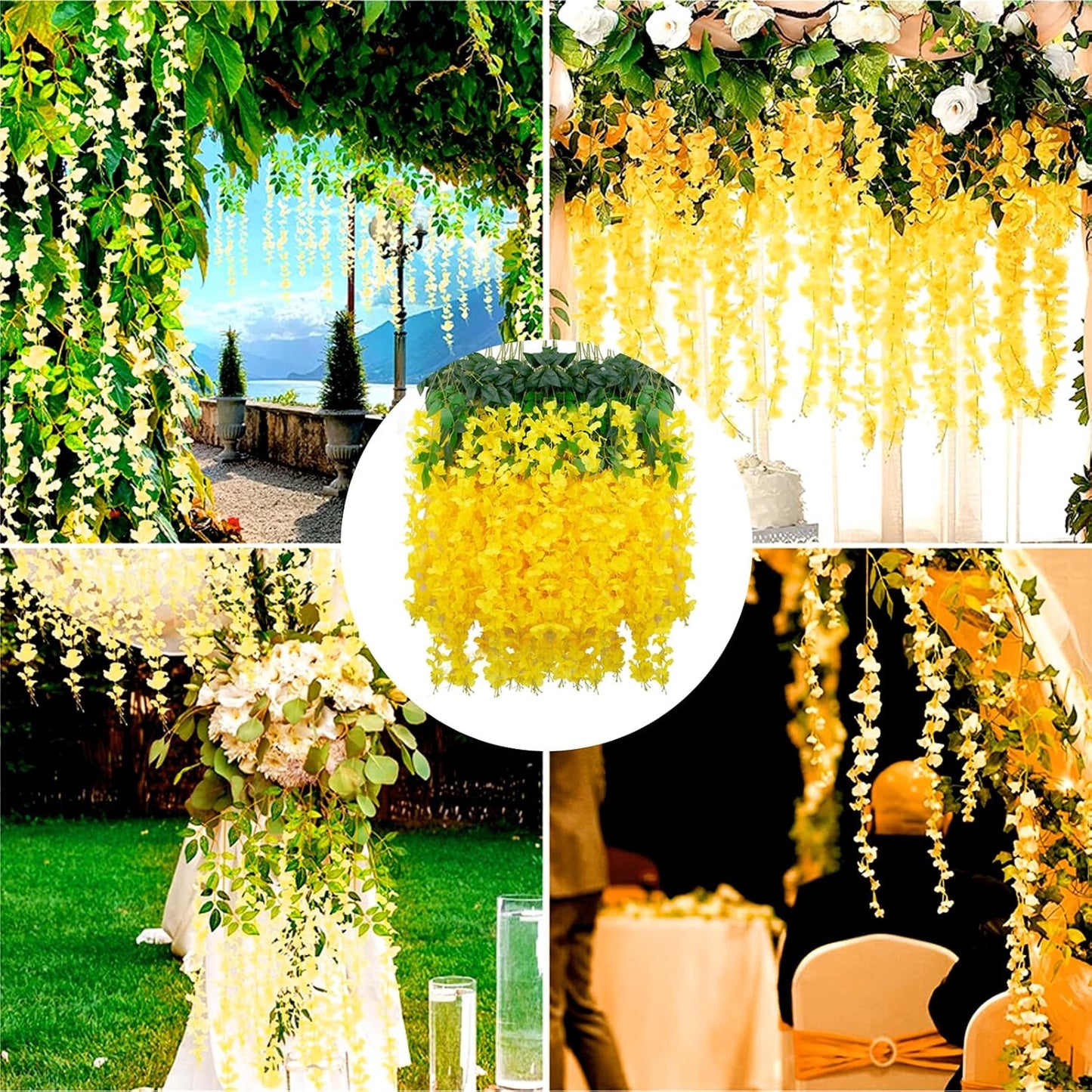 24 Pack Yellow Wisteria Hanging Flowers Garland, 3.77 Feet Artificial Flower Vines, Fake Wisteria, Artificial Vines Hanging Garland for Backdrop Outdoor Yard Garden Decor
