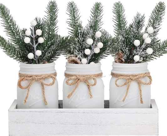 Mason Jars by Winter White, White Centerpieces & Wood Tray, 3 Decorative Jars for Home Table Decor, Farmhouse Dining Table & Kitchen Decorations