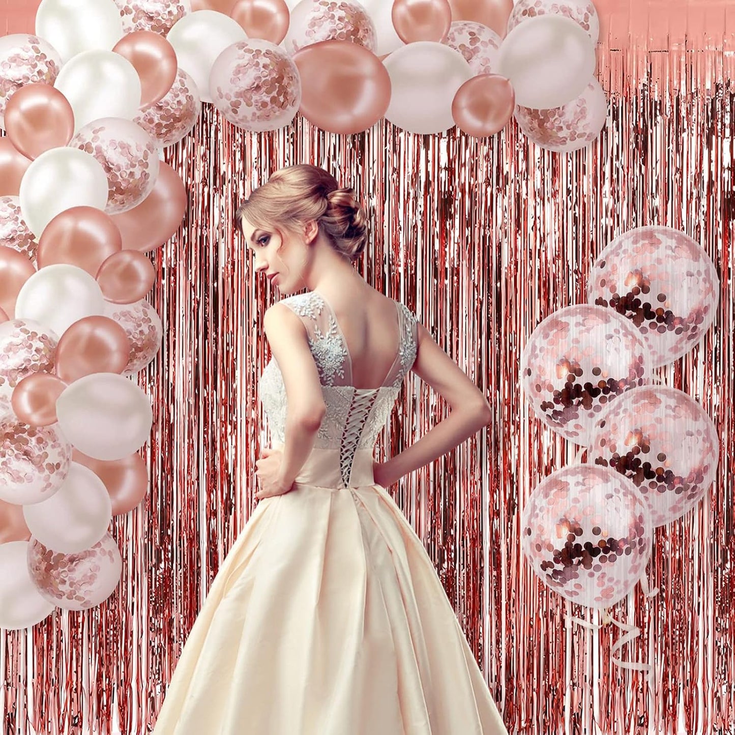 5 Pack Rose Gold Fringe Backdrop 3.2ft x 8.2ft Foil Curtain Tinsel Fringe Curtains for Birthday Party Decoration Wedding Christmas Decoration