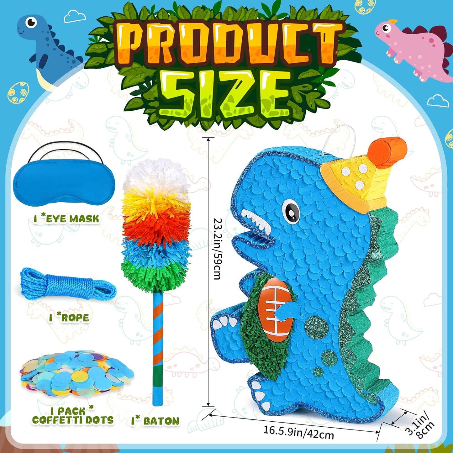 Large Dinosaur Pinata Bundle with a Blindfold, Bat (24 x16.5 x4 Inches), Dino Baby with Football Decorations for Boy Animal Theme Birthday Party