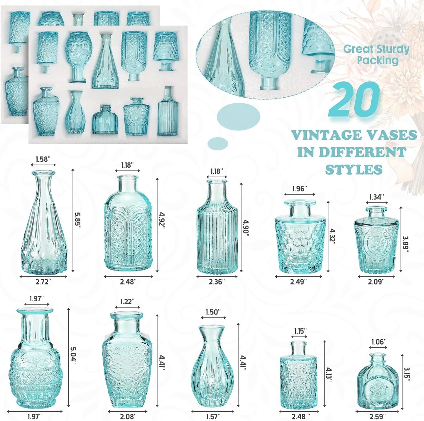 20 Pcs Glass Bud Vase Set Small Vintage Flower Vase in Bulk for Centerpieces Rustic Decorative Glass for Wedding Table Home Christmas Decoration (Light Blue)