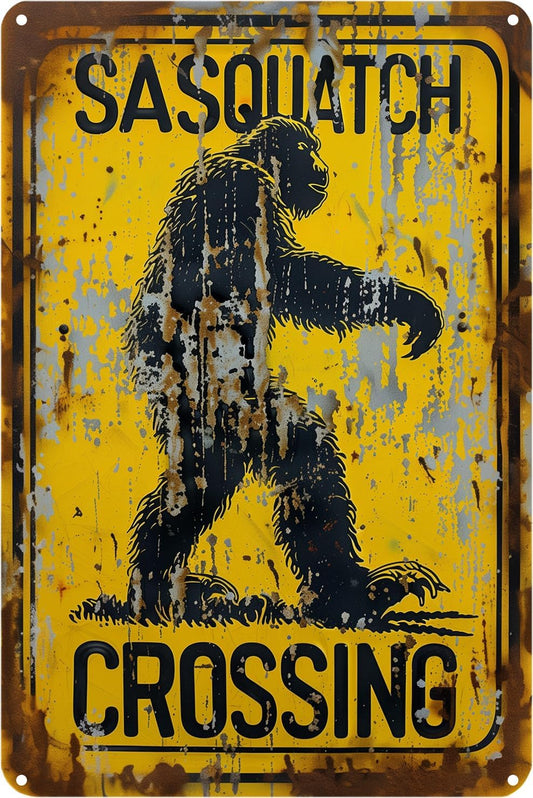 Retro Funny Metal Tin Sign - "Sasquatch Crossing" Outdoor Wall Décor, Vintage Sign for Home, Garden, Garage, or Cabin Decoration, 8 x 12 Inches