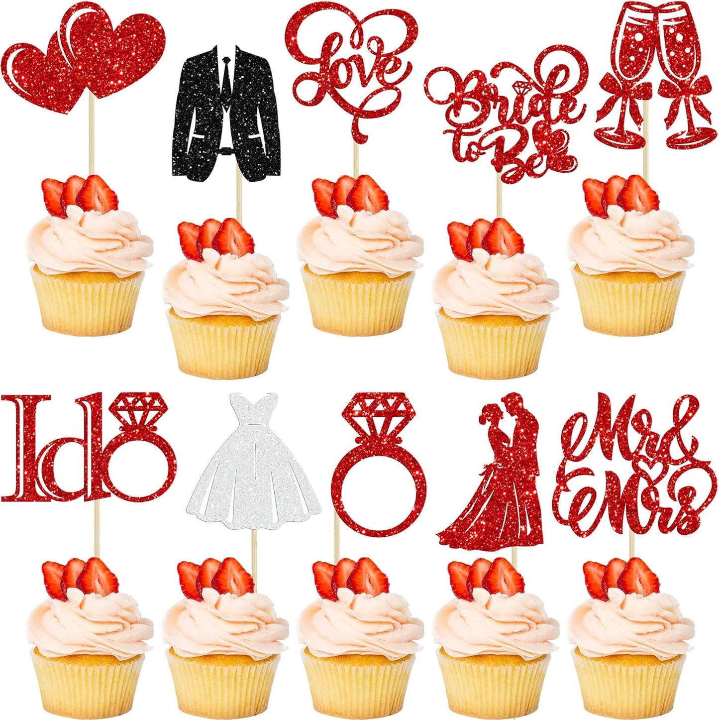 Gyufise 30Pcs Bride to Be Cupcake Toppers Glitter Diamond Ring I Do Love Cupcake Picks Miss to Mrs Bridal Shower Wedding Engagement Bachelorette Cake Decoration Red