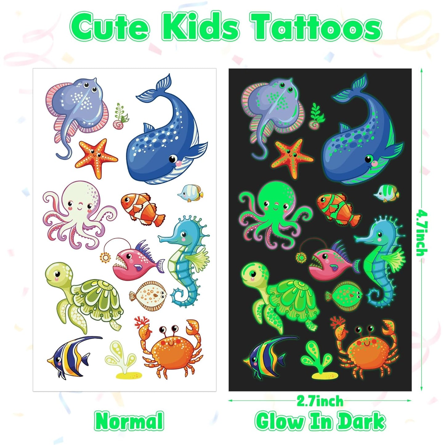 370 Patterns Party Favors for Kids, 36 Sheets Glow In Dark Stickers Luminous Temporary Tattoos, Waterproof Fake Tattoo Supplies Animal Dinosaur Mermaid Butterfly Stickers for Birthday Decorations
