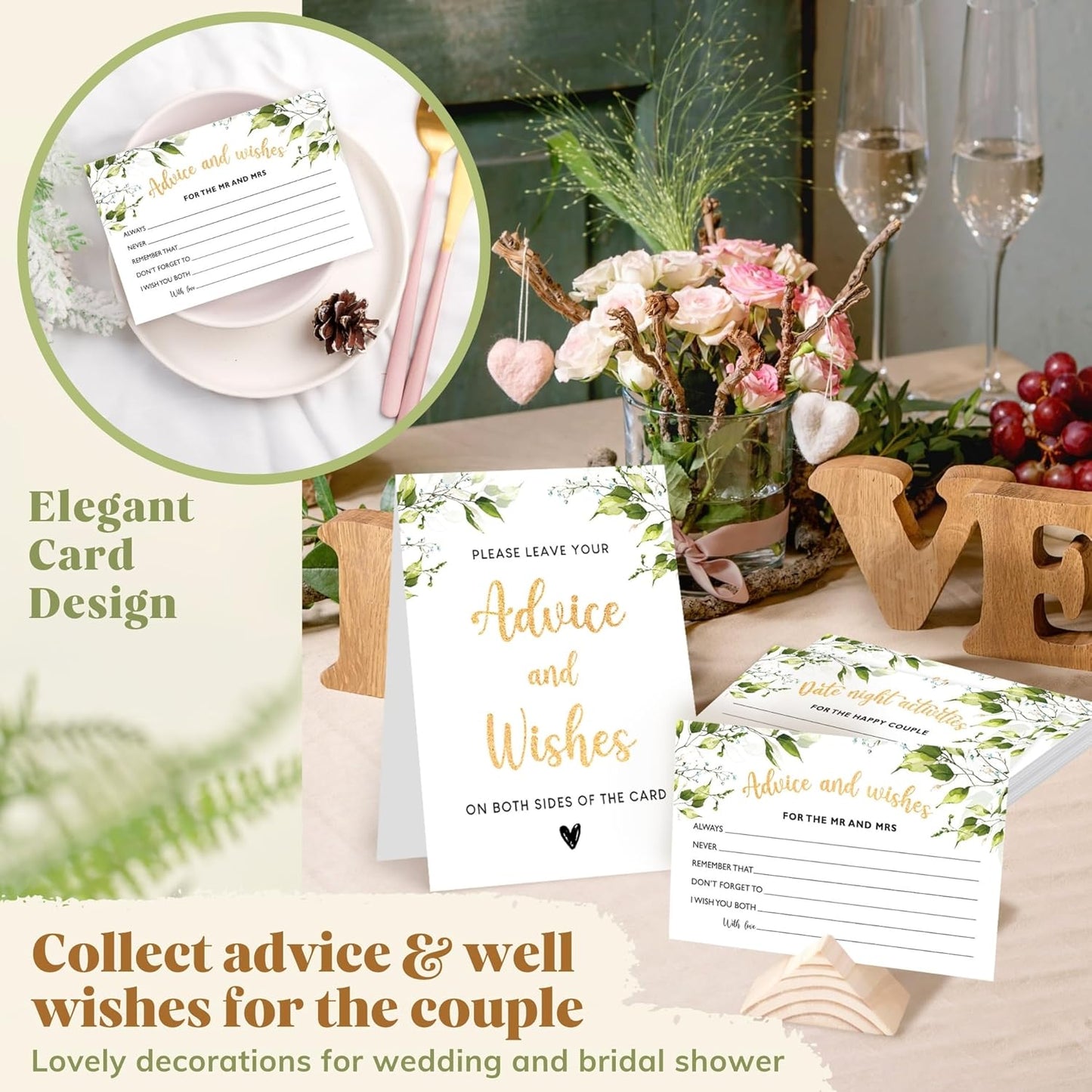 Advice and Wishes for The Mr and Mrs - 50 Wedding Advice Cards for Bridal Shower Decorations, Bridal Shower Advice Cards for Bride and Groom, Bridal Shower Games Advice and Well Wishes Cards
