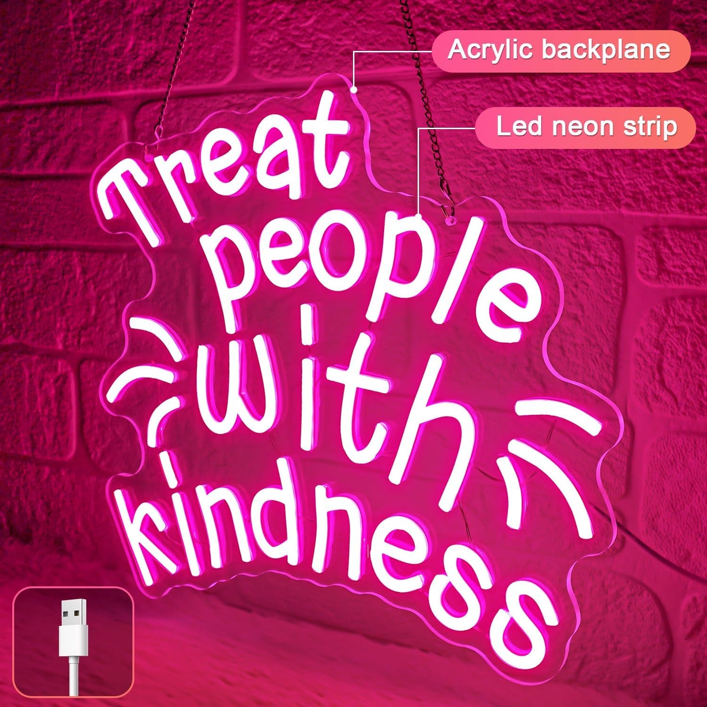 Treat People with Kindness Neon Sign,Pink Led Neon Signs for Wall Decor,Dimmable Inspiring Letter Neon Lights USB Be Kind Light Up Signs for Bedroom Classroom Kids Room,Gift for Boys Girls