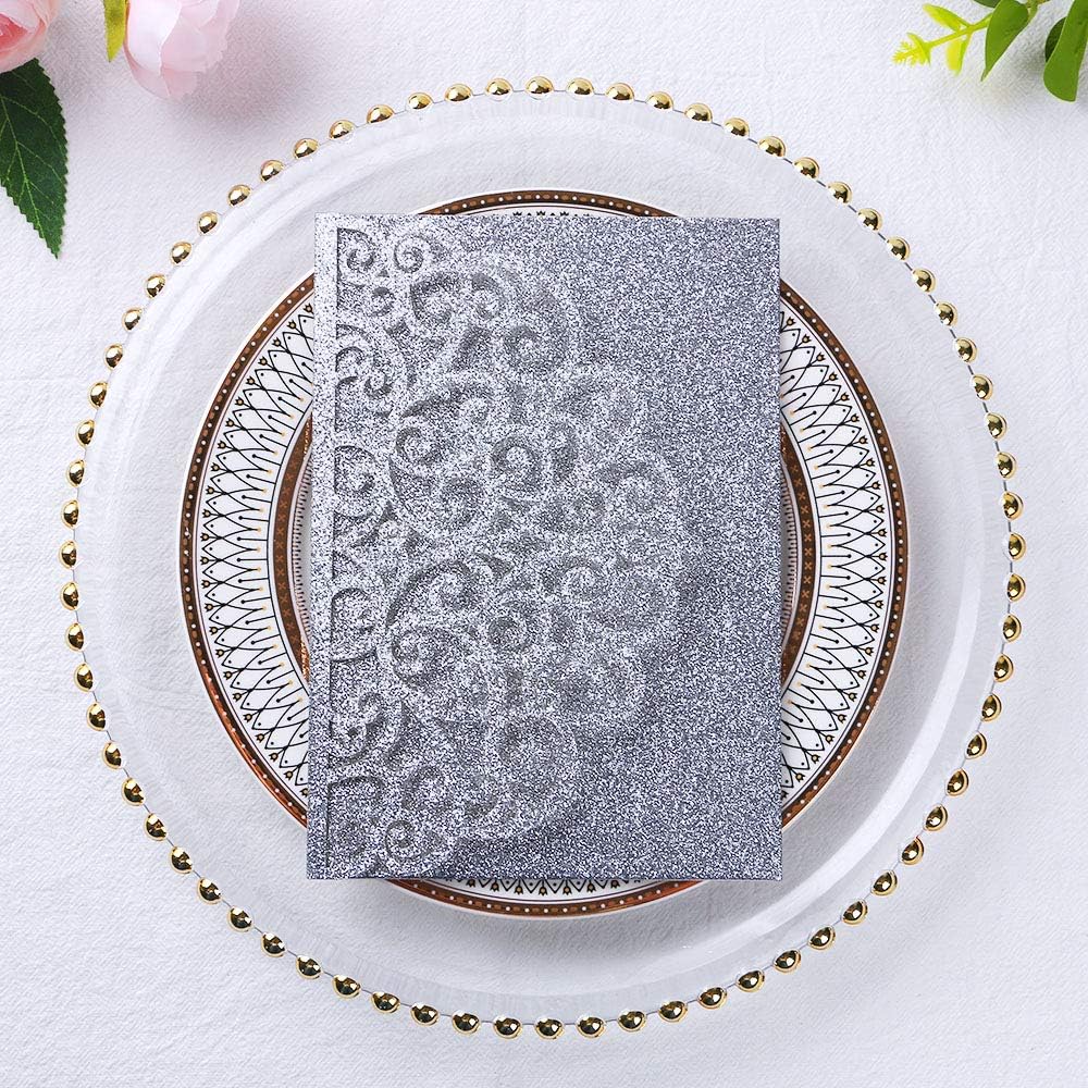 PONATIA 5.12 x 7.2 Laser Cut Invitation Pocket, 20 Tri-Fold 5 x 7 Laser Cut Wedding Invitation Pockets with Envelopes for Wedding Bbay Shower Birthday Sweet 16 Invite (Silver Glitter, No Inner Sheet)