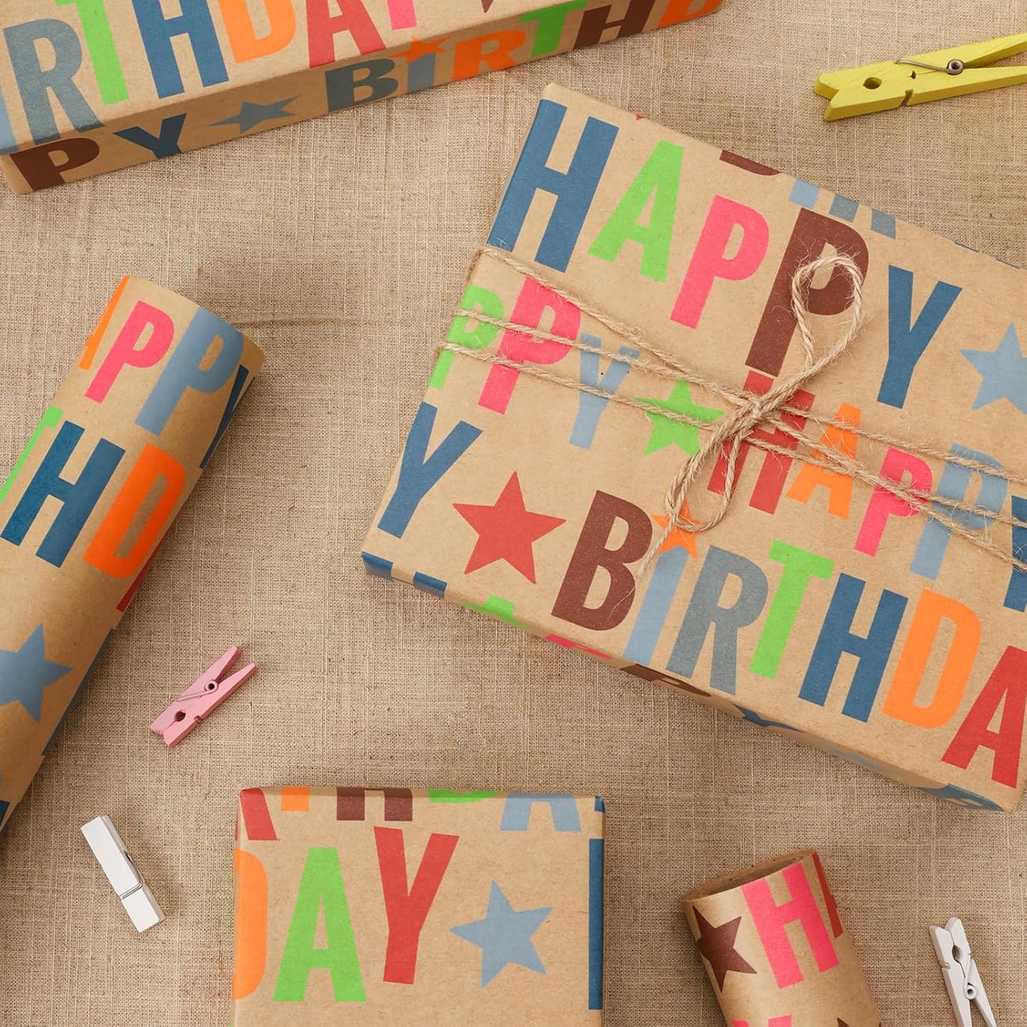 LaRibbons Birthday Wrapping Paper Roll for Kids, 17 Inch x 16.5 Feet Kraft Gift Wrap Paper with Colorful Text Happy Birthday Pattern for Boys Holiday Party